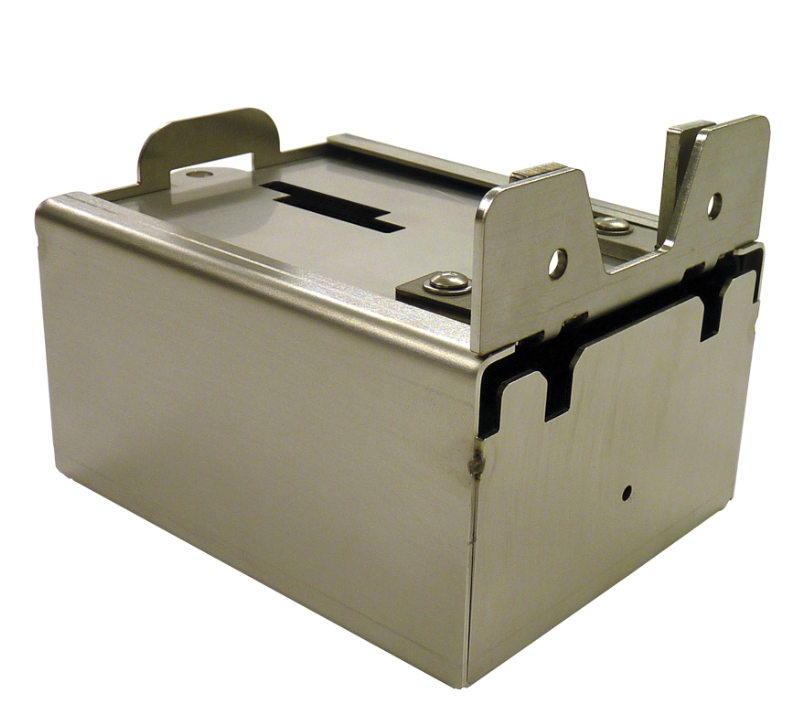 Boite inox pour monnayeur, tiroir à jetons pour station de lavage auto professionnel, équipement pièces détachées sécurisé en inox.