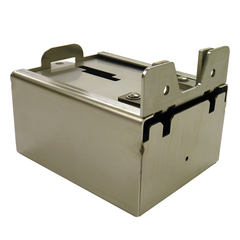 Boite inox pour monnayeur, tiroir à jetons pour station de lavage auto professionnel, équipement pièces détachées sécurisé en inox.